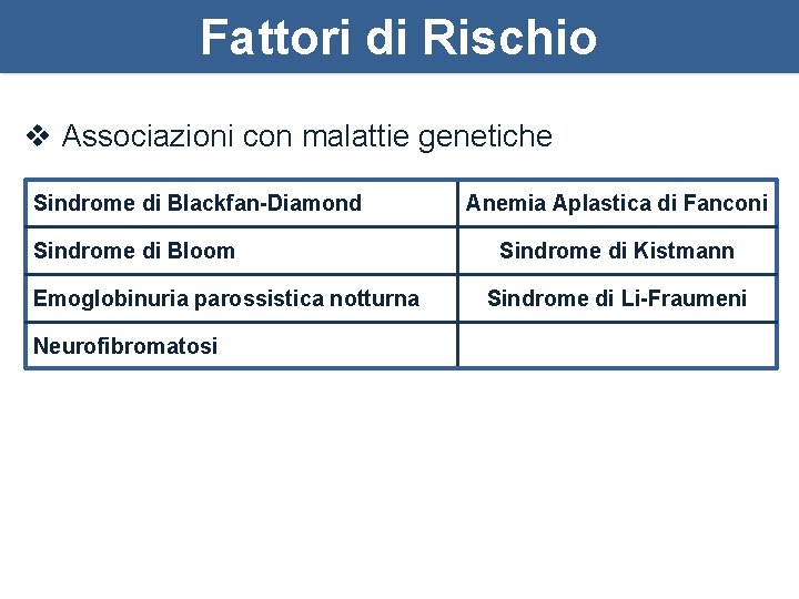 Fattori di Rischio v Associazioni con malattie genetiche Sindrome di Blackfan-Diamond Sindrome di Bloom
