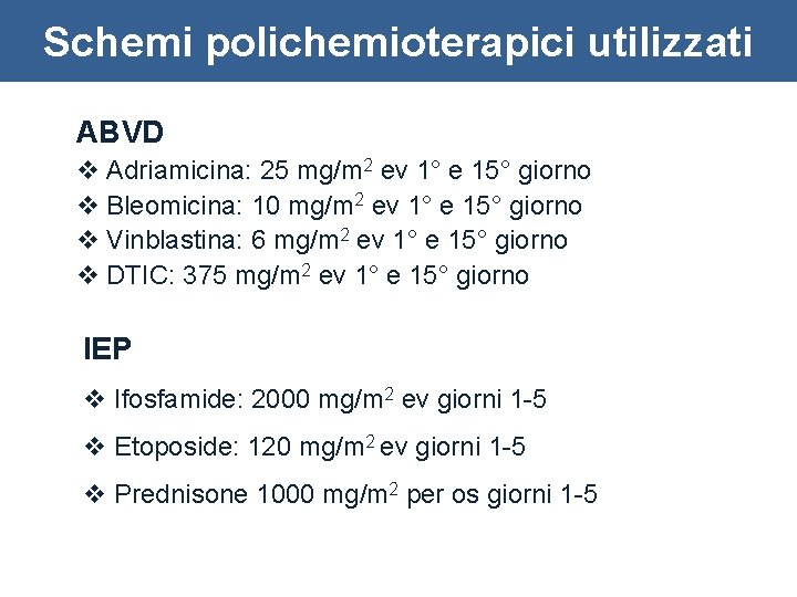 Schemi polichemioterapici utilizzati ABVD v Adriamicina: 25 mg/m 2 ev 1° e 15° giorno