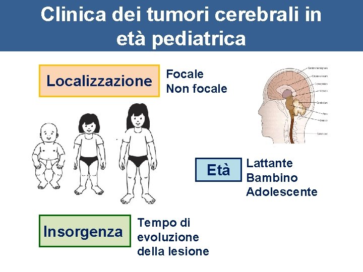 Clinica dei tumori cerebrali in età pediatrica Localizzazione Focale Non focale Età Insorgenza Tempo