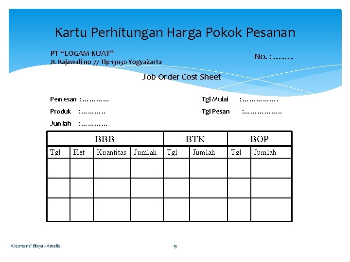 Kartu Perhitungan Harga Pokok Pesanan PT “LOGAM KUAT” No. : ……. JL Rajawali no