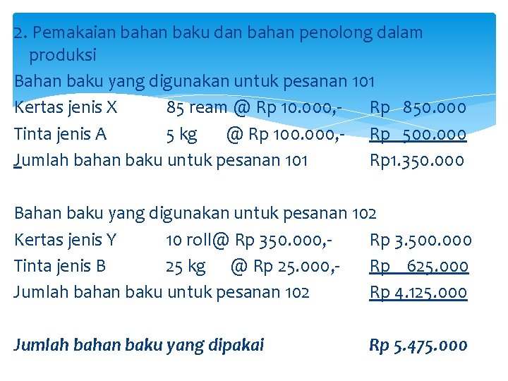 2. Pemakaian bahan baku dan bahan penolong dalam produksi Bahan baku yang digunakan untuk