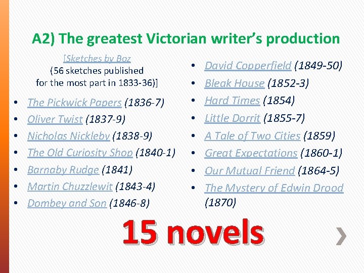 A 2) The greatest Victorian writer’s production [Sketches by Boz (56 sketches published for