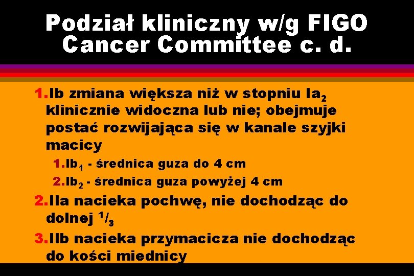 Podział kliniczny w/g FIGO Cancer Committee c. d. 1. Ib zmiana większa niż w