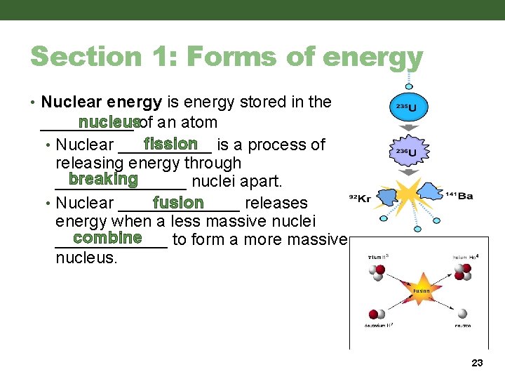 Section 1: Forms of energy • Nuclear energy is energy stored in the nucleusof Section 1: Forms of energy • Nuclear energy is energy stored in the nucleusof