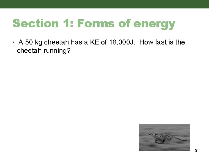 Section 1: Forms of energy • A 50 kg cheetah has a KE of Section 1: Forms of energy • A 50 kg cheetah has a KE of
