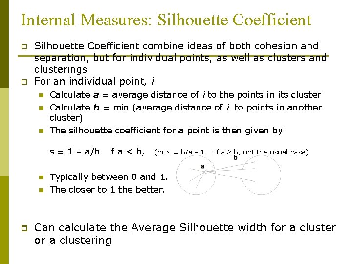 Internal Measures: Silhouette Coefficient p p Silhouette Coefficient combine ideas of both cohesion and