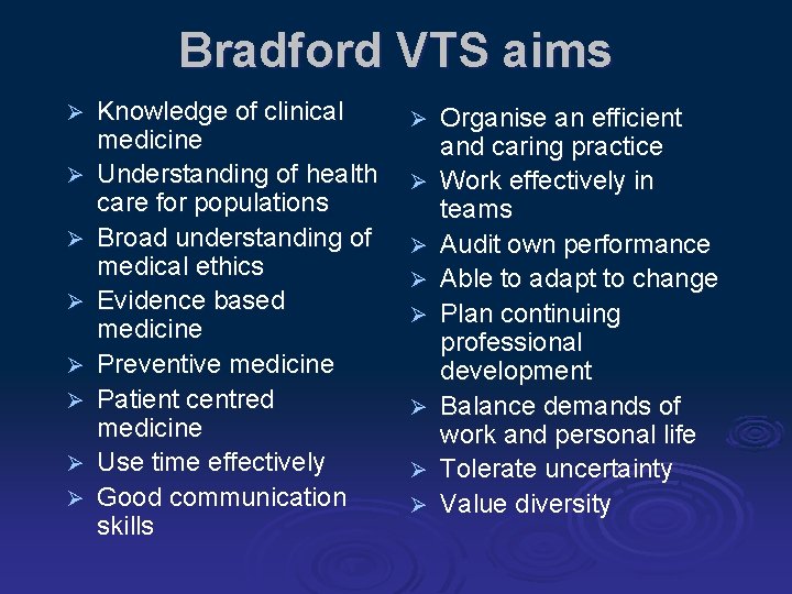Bradford VTS aims Ø Ø Ø Ø Knowledge of clinical medicine Understanding of health