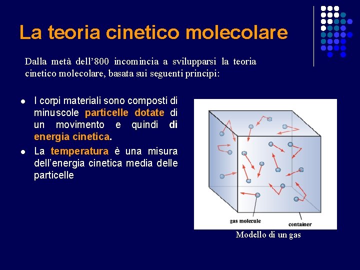 La teoria cinetico molecolare Dalla metà dell’ 800 incomincia a svilupparsi la teoria cinetico