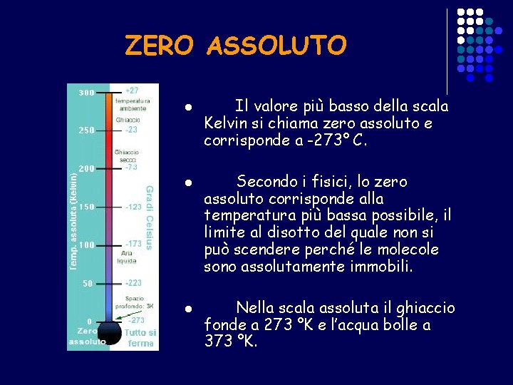 ZERO ASSOLUTO l l l Il valore più basso della scala Kelvin si chiama