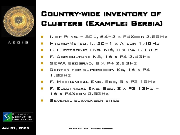 Country-wide inventory of Clusters (Example: Serbia) n AEGIS n n n n Jan 31,
