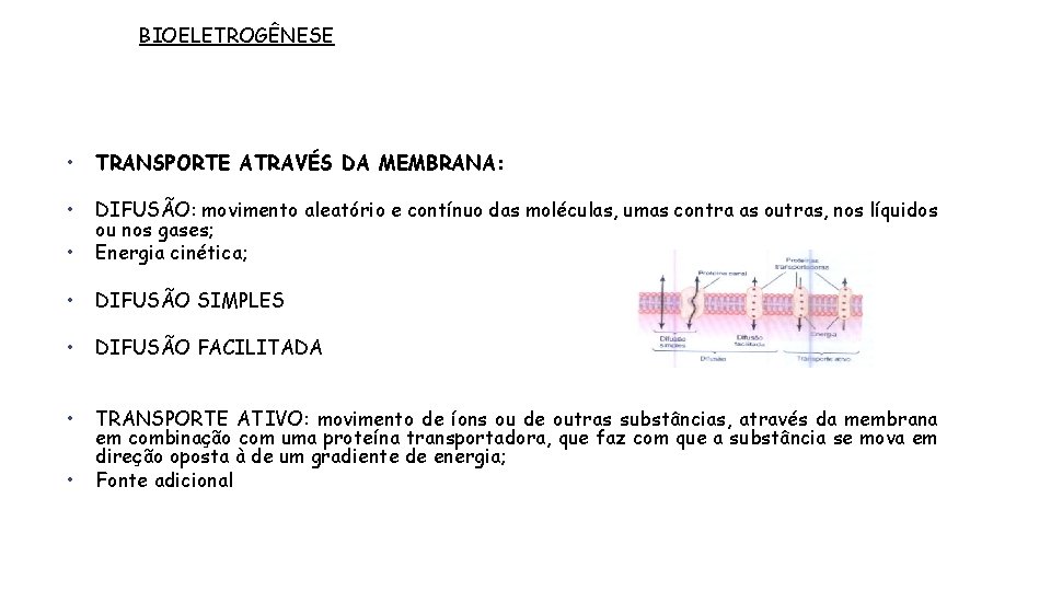 BIOELETROGÊNESE • TRANSPORTE ATRAVÉS DA MEMBRANA: • • DIFUSÃO: movimento aleatório e contínuo das