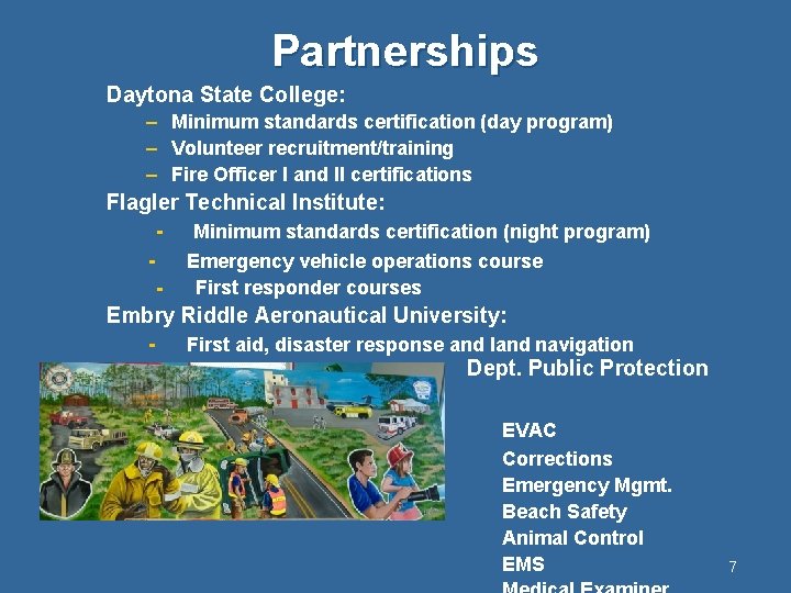 Partnerships Daytona State College: – Minimum standards certification (day program) – Volunteer recruitment/training –