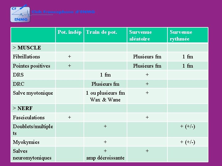 Pot. indép Train de pot. Survenue aléatoire Survenue rythmée > MUSCLE Fibrillations + Plusieurs