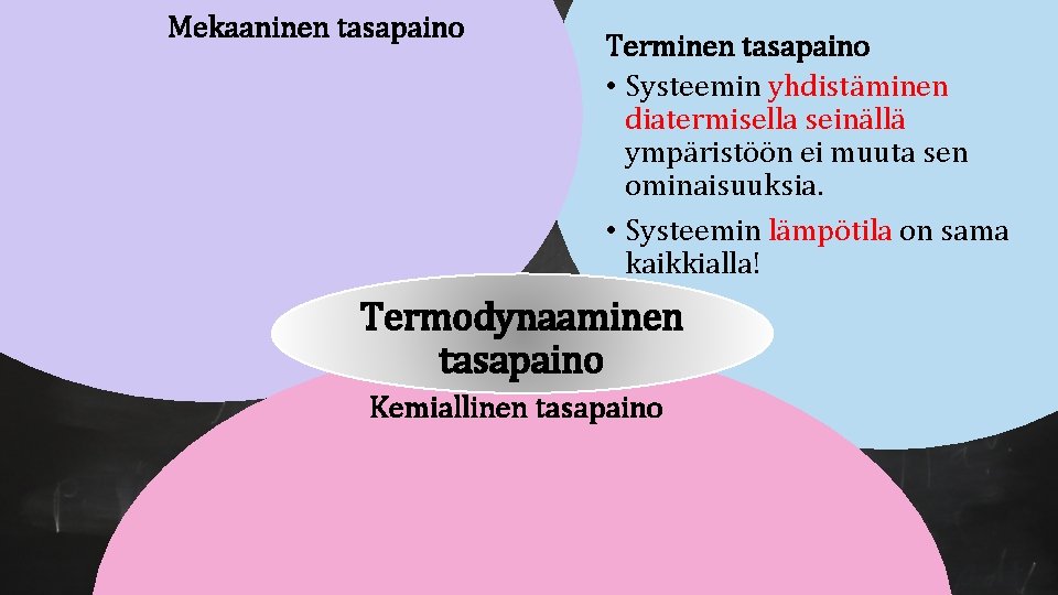 Mekaaninen tasapaino Terminen tasapaino • Systeemin yhdistäminen diatermisella seinällä ympäristöön ei muuta sen ominaisuuksia. Mekaaninen tasapaino Terminen tasapaino • Systeemin yhdistäminen diatermisella seinällä ympäristöön ei muuta sen ominaisuuksia.