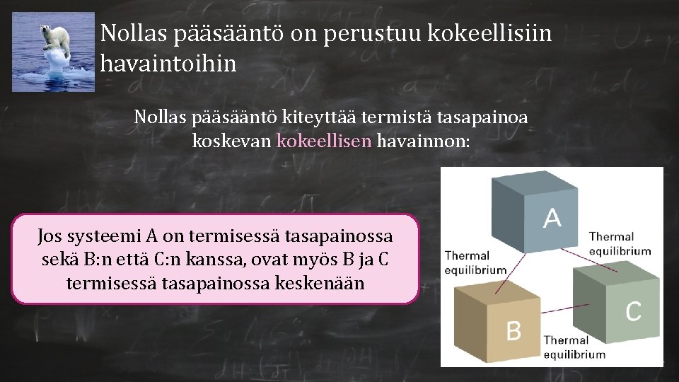 Nollas pääsääntö on perustuu kokeellisiin havaintoihin Nollas pääsääntö kiteyttää termistä tasapainoa koskevan kokeellisen havainnon: Nollas pääsääntö on perustuu kokeellisiin havaintoihin Nollas pääsääntö kiteyttää termistä tasapainoa koskevan kokeellisen havainnon: