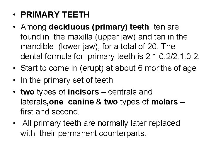  • PRIMARY TEETH • Among deciduous (primary) teeth, ten are • • found