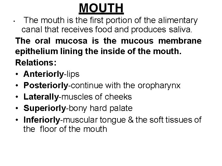 MOUTH The mouth is the first portion of the alimentary canal that receives food