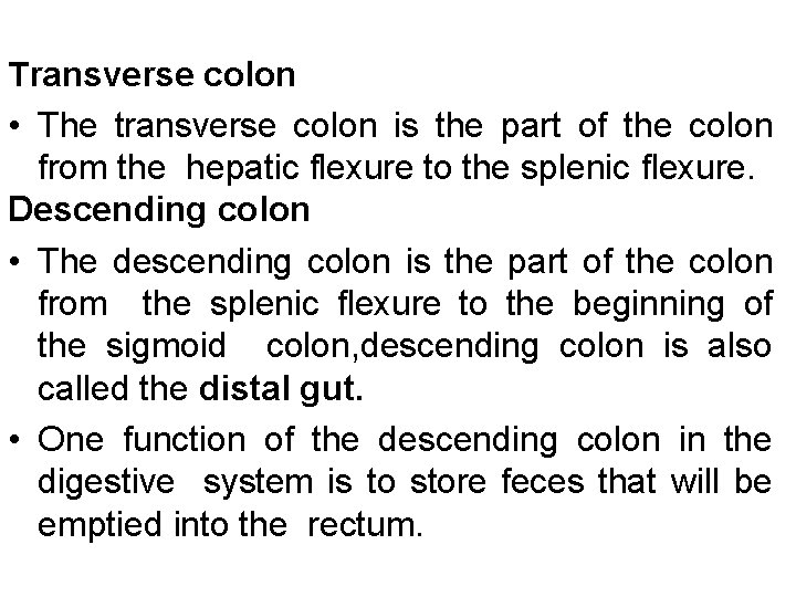 Transverse colon • The transverse colon is the part of the colon from the