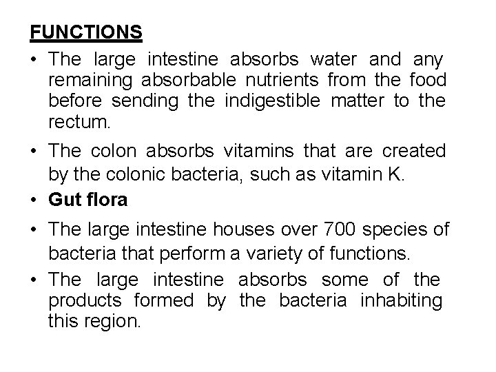 FUNCTIONS • The large intestine absorbs water and any remaining absorbable nutrients from the