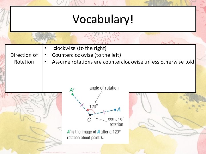 Vocabulary! • clockwise (to the right) Direction of • Counterclockwise (to the left) Rotation