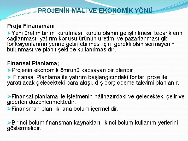 PROJENİN MALİ VE EKONOMİK YÖNÜ Proje Finansmanı ØYeni üretim birimi kurulması, kurulu olanın geliştirilmesi,