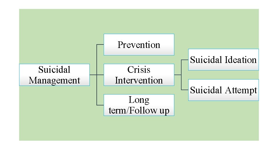 Prevention Suicidal Management Crisis Intervention Long term/Follow up Suicidal Ideation Suicidal Attempt 