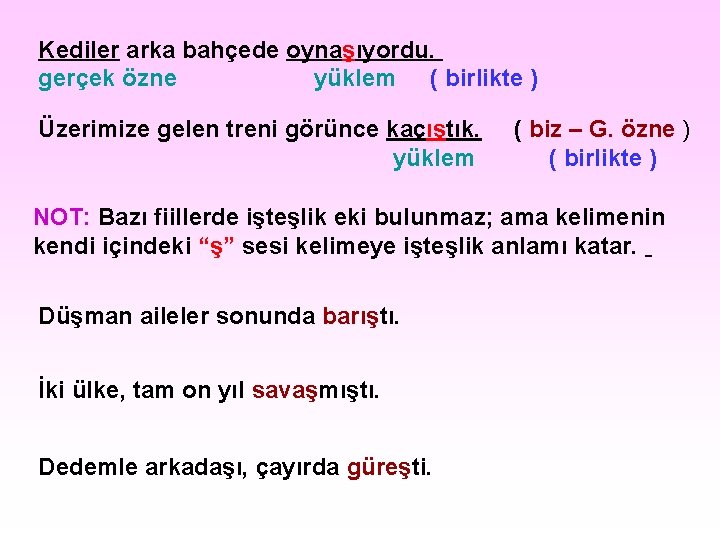 Kediler arka bahçede oynaşıyordu. gerçek özne yüklem ( birlikte ) Üzerimize gelen treni görünce Kediler arka bahçede oynaşıyordu. gerçek özne yüklem ( birlikte ) Üzerimize gelen treni görünce
