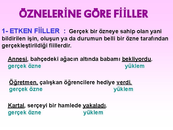 ÖZNELERİNE GÖRE FİİLLER 1 - ETKEN FİİLLER : Gerçek bir özneye sahip olan yani ÖZNELERİNE GÖRE FİİLLER 1 - ETKEN FİİLLER : Gerçek bir özneye sahip olan yani
