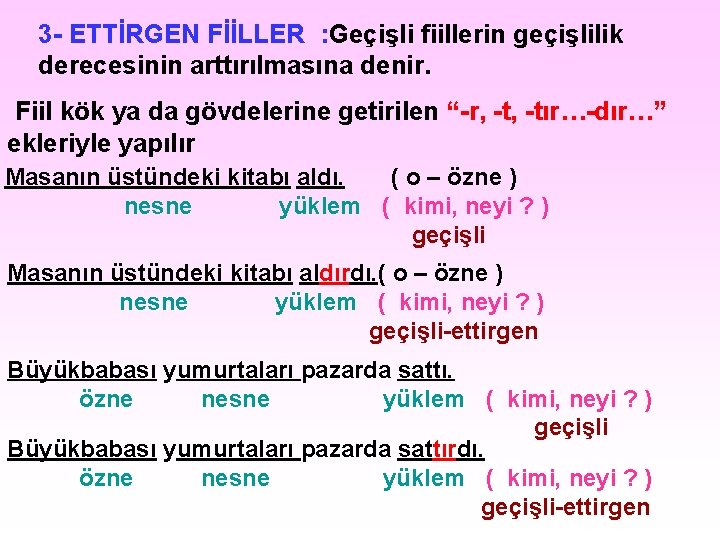 3 - ETTİRGEN FİİLLER : Geçişli fiillerin geçişlilik derecesinin arttırılmasına denir. Fiil kök ya 3 - ETTİRGEN FİİLLER : Geçişli fiillerin geçişlilik derecesinin arttırılmasına denir. Fiil kök ya