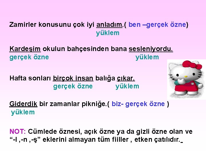 Zamirler konusunu çok iyi anladım. ( ben –gerçek özne) yüklem Kardeşim okulun bahçesinden bana Zamirler konusunu çok iyi anladım. ( ben –gerçek özne) yüklem Kardeşim okulun bahçesinden bana