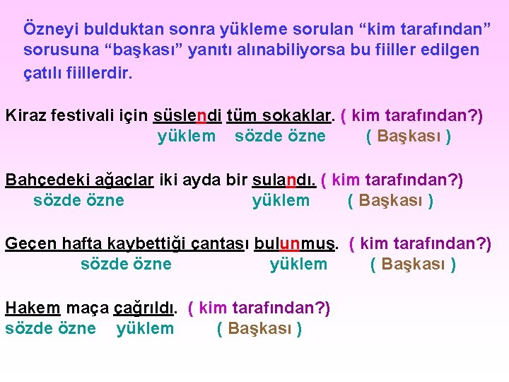Özneyi bulduktan sonra yükleme sorulan “kim tarafından” sorusuna “başkası” yanıtı alınabiliyorsa bu fiiller edilgen Özneyi bulduktan sonra yükleme sorulan “kim tarafından” sorusuna “başkası” yanıtı alınabiliyorsa bu fiiller edilgen