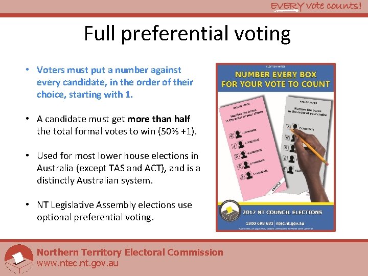 Full preferential voting • Voters must put a number against every candidate, in the