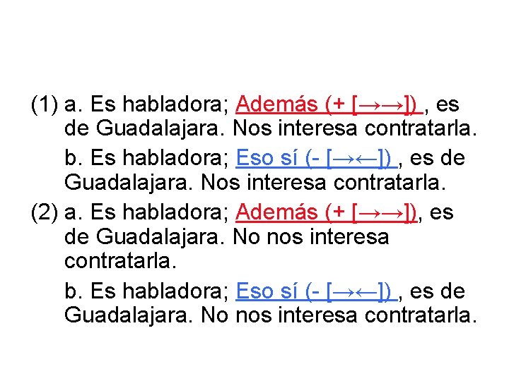 (1) a. Es habladora; Además (+ [→→]) , es de Guadalajara. Nos interesa contratarla.