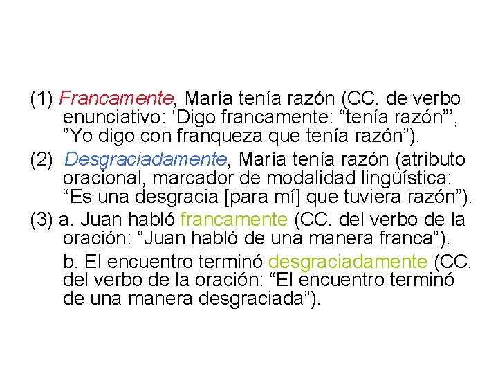 (1) Francamente, María tenía razón (CC. de verbo enunciativo: ‘Digo francamente: “tenía razón”’, ”Yo