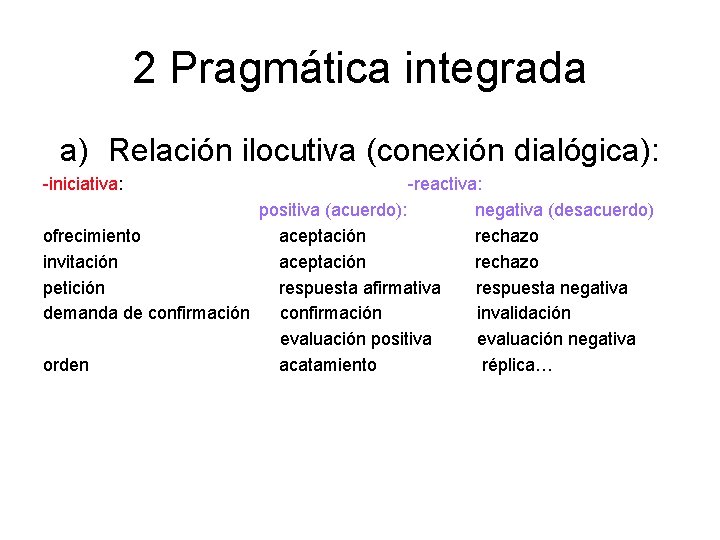 2 Pragmática integrada a) Relación ilocutiva (conexión dialógica): -iniciativa: -reactiva: positiva (acuerdo): negativa (desacuerdo)