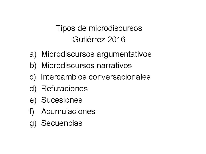 Tipos de microdiscursos Gutiérrez 2016 a) b) c) d) e) f) g) Microdiscursos argumentativos