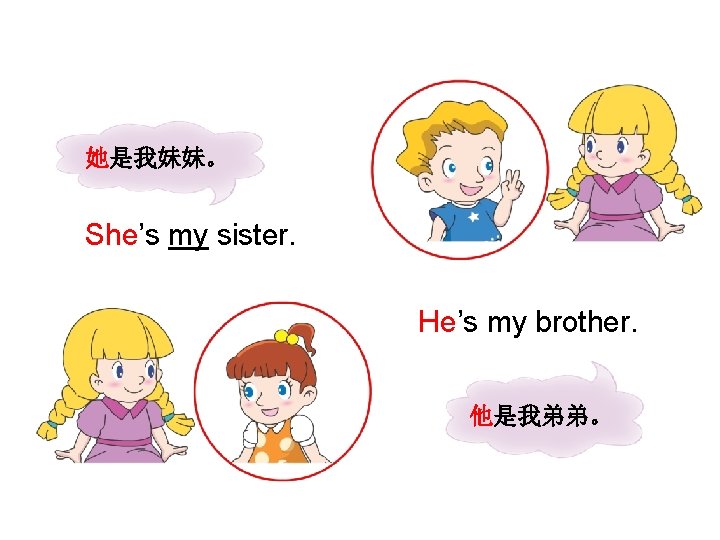 她是我妹妹。 She’s my sister. He’s my brother. 他是我弟弟。 