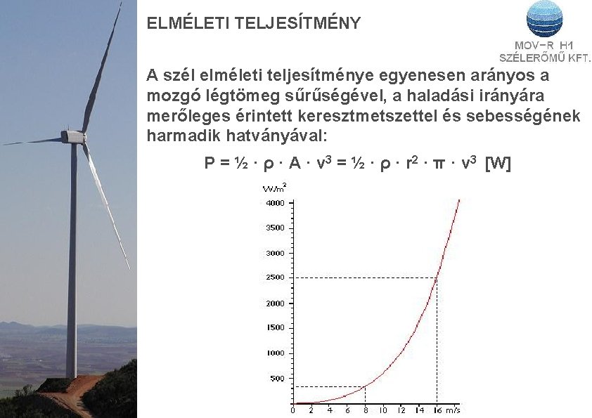 ELMÉLETI TELJESÍTMÉNY A szél elméleti teljesítménye egyenesen arányos a mozgó légtömeg sűrűségével, a haladási