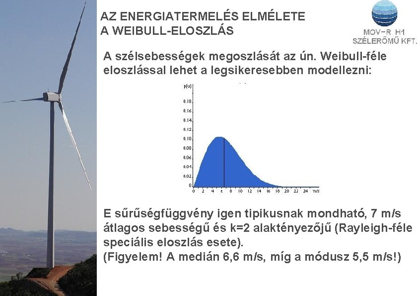 AZ ENERGIATERMELÉS ELMÉLETE A WEIBULL-ELOSZLÁS A szélsebességek megoszlását az ún. Weibull-féle eloszlással lehet a