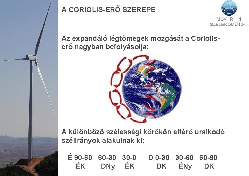 A CORIOLIS-ERŐ SZEREPE Az expandáló légtömegek mozgását a Corioliserő nagyban befolyásolja: A különböző szélességi