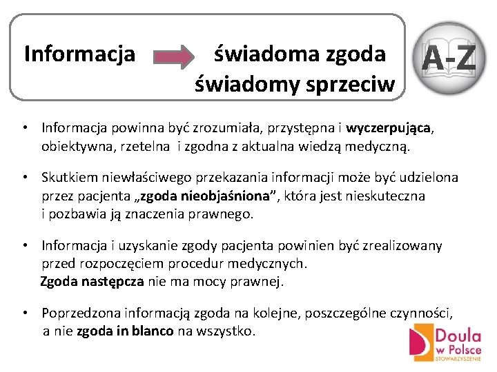 Informacja świadoma zgoda świadomy sprzeciw • Informacja powinna być zrozumiała, przystępna i wyczerpująca, obiektywna,