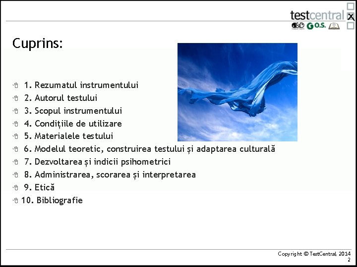 Cuprins: 8 8 8 8 8 1. Rezumatul instrumentului 2. Autorul testului 3. Scopul