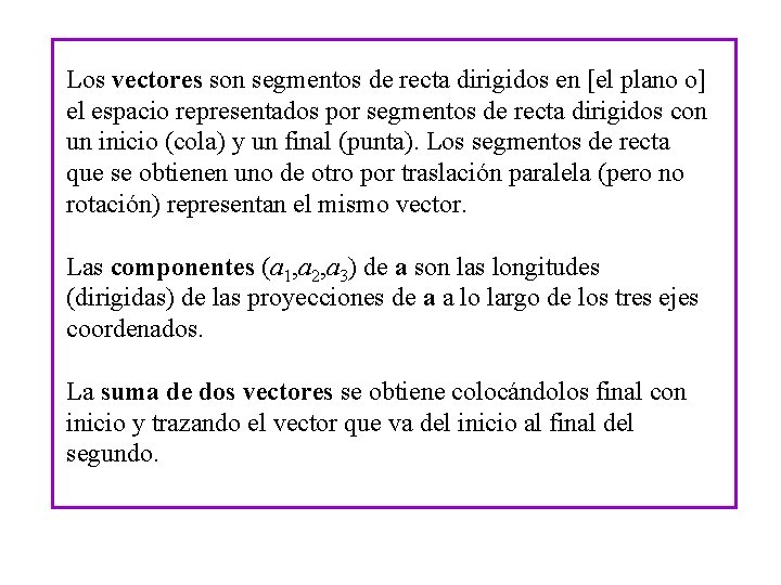 Los vectores son segmentos de recta dirigidos en [el plano o] el espacio representados