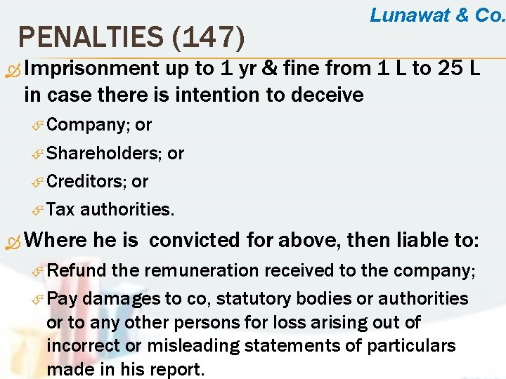 PENALTIES (147) Lunawat & Co. Imprisonment up to 1 yr & fine from 1