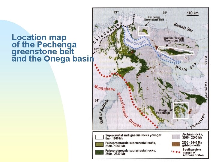 Location map of the Pechenga greenstone belt and the Onega basin 