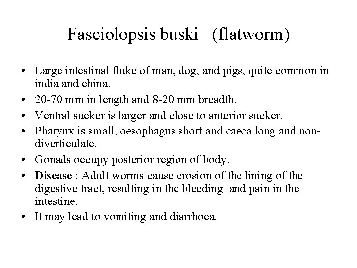 Fasciolopsis buski (flatworm) • Large intestinal fluke of man, dog, and pigs, quite common Fasciolopsis buski (flatworm) • Large intestinal fluke of man, dog, and pigs, quite common