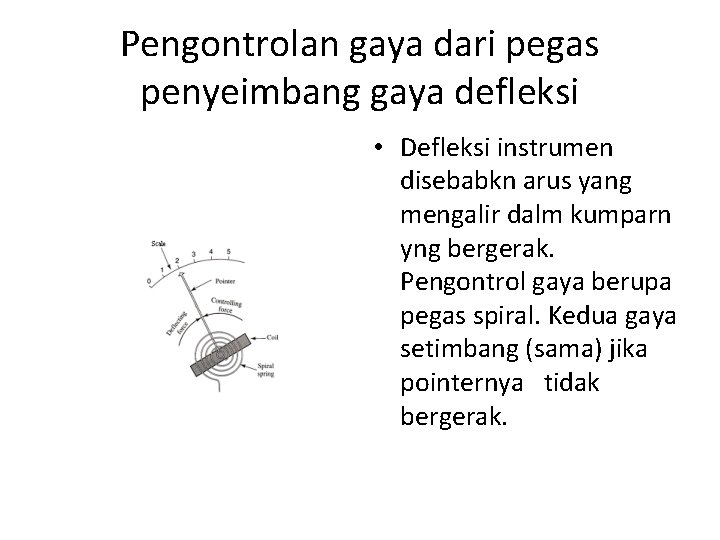 Pengontrolan gaya dari pegas penyeimbang gaya defleksi • Defleksi instrumen disebabkn arus yang mengalir