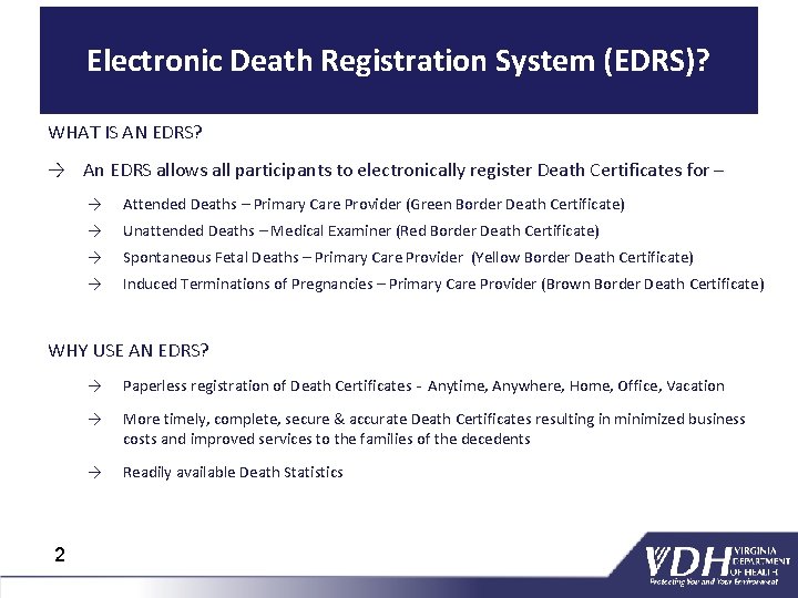Electronic Death Registration System (EDRS)? WHAT IS AN EDRS? → An EDRS allows all