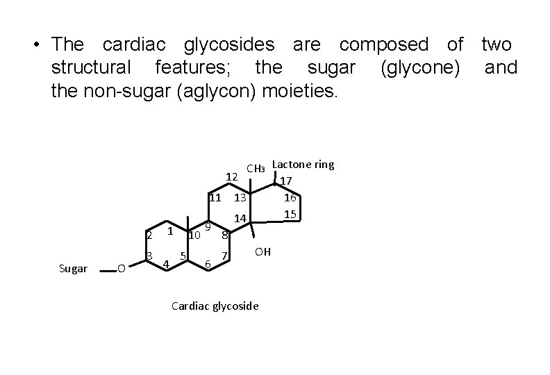 • The cardiac glycosides are composed of two structural features; the sugar (glycone) • The cardiac glycosides are composed of two structural features; the sugar (glycone)