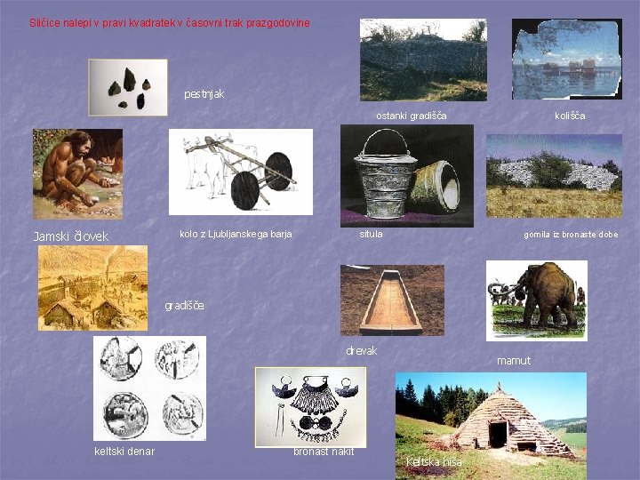 Sličice nalepi v pravi kvadratek v časovni trak prazgodovine pestnjak ostanki gradišča Jamski človek